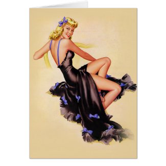 Blonde Pinup in Black Satin card