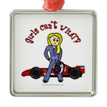 Blonde Race Car Driver Girl Christmas Tree Ornaments