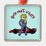 Blonde Race Car Driver Girl Christmas Tree Ornaments
