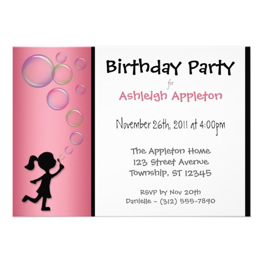 Blowing Bubbles Pink Birthday Invitations