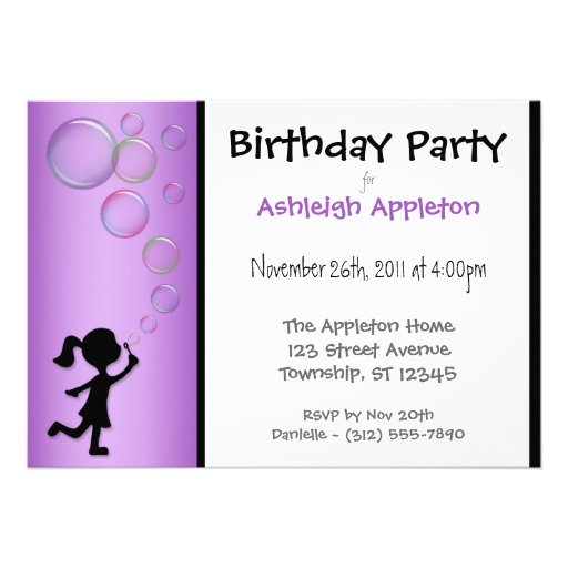 Blowing Bubbles Purple Birthday Invitations