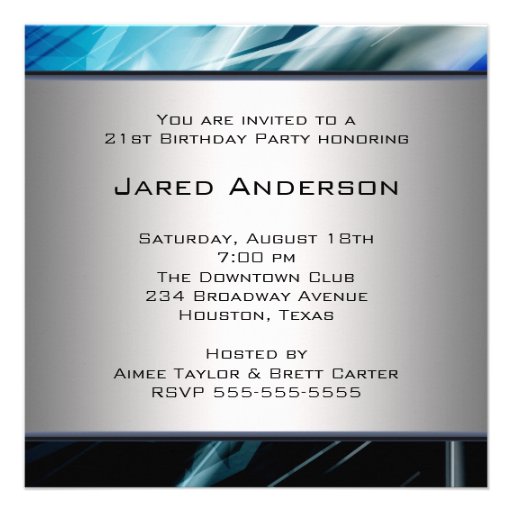 Blue Abstract Mans 21st Birthday Party Personalized Invites