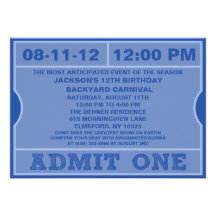 Blue Admit One Ticket Invitation Birthday Party