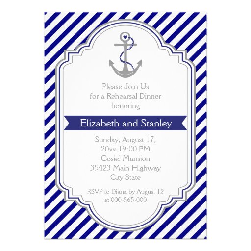 Blue anchor nautical wedding rehearsal dinner invites