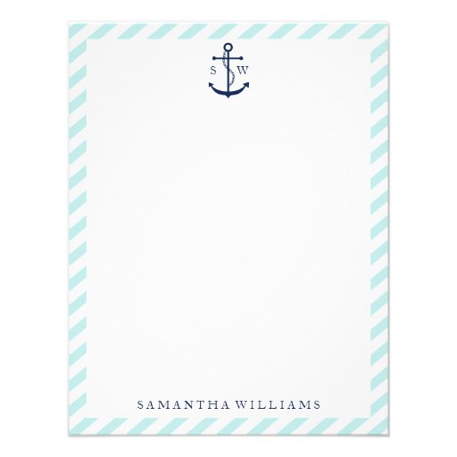 Blue Anchor on Mint Stripes Monogram Personalized Invitation