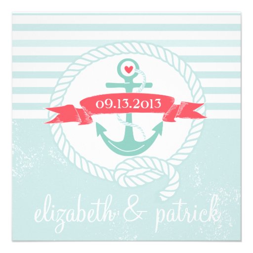 Blue Anchor Stripes Nautical Wedding Invitation (front side)
