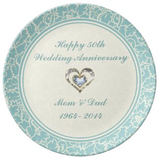 Blue And Beige Damask Diamonds Heart Porcelain Plate