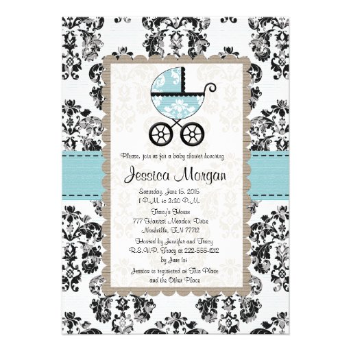 Blue and Black Damask Baby Shower Invitations