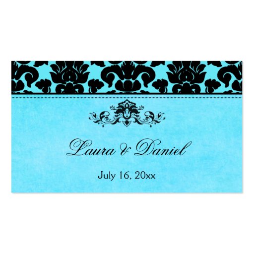 Blue and Black Damask Wedding Favor Tag Business Card Template (front side)