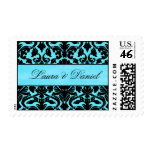 Blue and Black Damask Wedding Postage