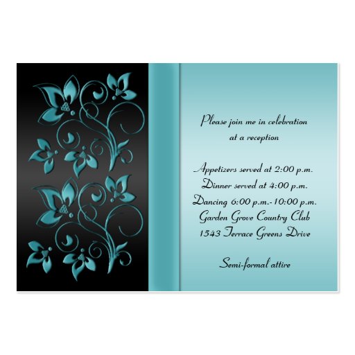 Blue and Black Floral Reception Enclosure Card Business Cards (back side)