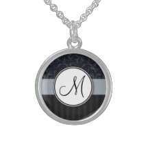 Blue and Black Floral Wisps, Stripes with Monogram Pendant