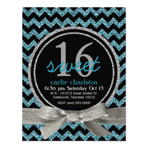 Blue and Black Glitter Look Chevron Sweet 16 Party Invite (front side)