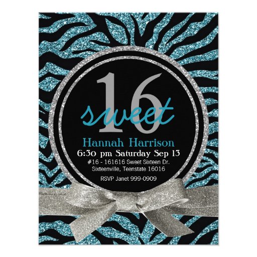 Blue and Black Glitter Look Zebra Sweet 16 Party Personalized Invitation