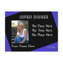 blue and black open house postcard