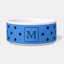 Blue and Black Polka Dot Monogram. Your Letter. Pet Food Bowls