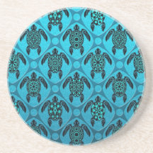 Blue and Black Sea Turtle Pattern Beverage Coasters