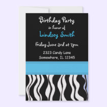 Blue and Black Zebra Print Birthday Invitation