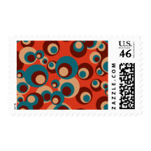 Blue and brown circles on a red background postage stamp
