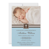 Blue and Brown Cross Boy Photo Baptism Personalized Announcement