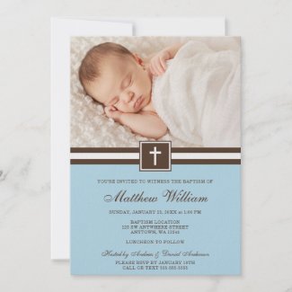 Blue and Brown Cross Boy Photo Baptism Personalized Announcement