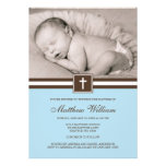 Blue and Brown Cross Boy Photo Baptism Personalized Announcement