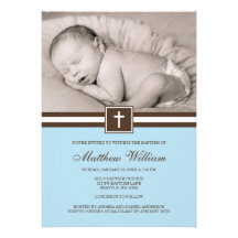 Blue and Brown Cross Boy Photo Baptism Personalized Announcement