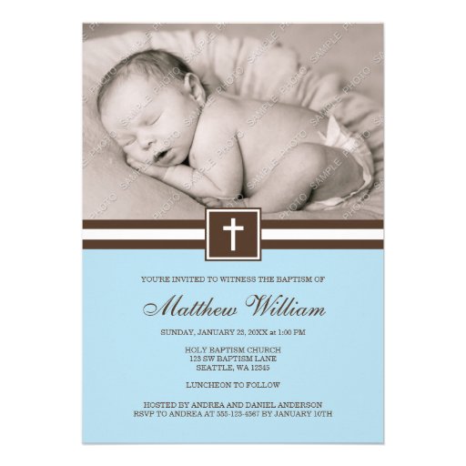 Blue and Brown Cross Boy Photo Baptism Personalized Announcement (front side)