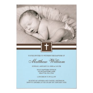 Blue and Brown Cross Boy Photo Baptism 5x7 Paper Invitation Card