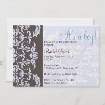 Blue and Brown Damask Baby Shower Invitation