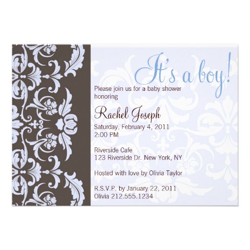 Blue and Brown Damask Baby Shower Invitation