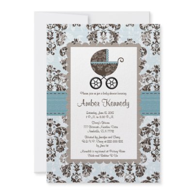 Blue and Brown Damask Baby Shower Invitations by OccasionInvitations