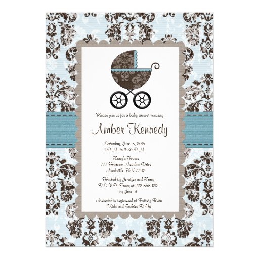 Blue and Brown Damask Baby Shower Invitations
