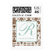 Blue and Brown Damask Monogram Postage