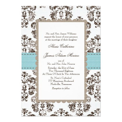 Blue and Brown Damask Wedding Invitations