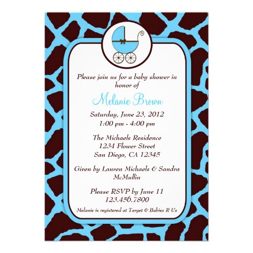 Blue and Brown Giraffe Print Baby Shower Invite