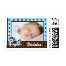 Blue and brown girl birth announcement postage