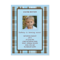 Blue and Brown Plaid BIrthday Invitation postcards by Designdivaad Blue and Brown Plaid BIrthday Invitation postcards