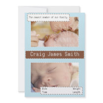 Blue and brown stitched baby announcement invitations