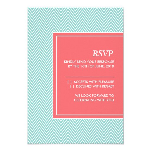 Blue and Coral Chevron RSVP Card Invites (front side)