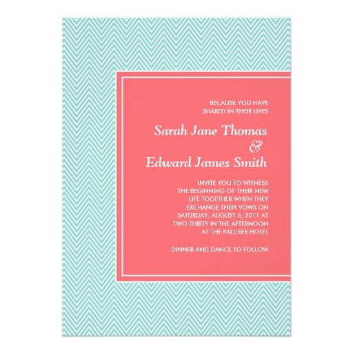 Blue and Coral Chevron Wedding Invitation (front side)