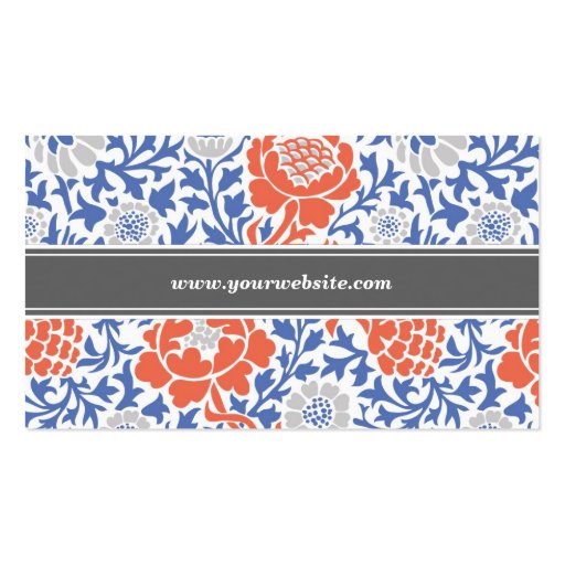 Blue and Coral Retro Floral Damask Business Card (back side)