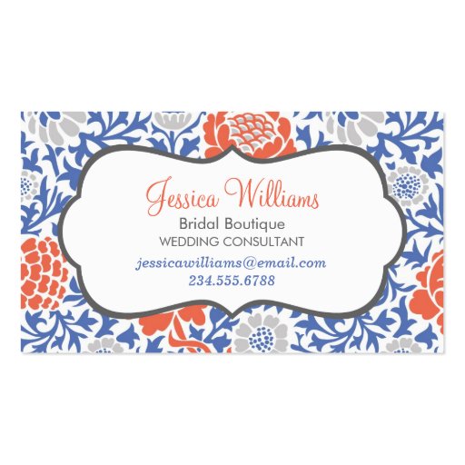 Blue and Coral Retro Floral Damask Business Card (front side)