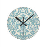 blue and cream damask flourish pattern round clocks