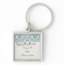 blue and cream damask flourish pattern key chain