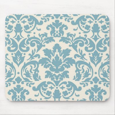 blue and cream damask flourish pattern mousepads by dooni_damask