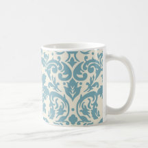 blue and cream damask flourish pattern mugs
