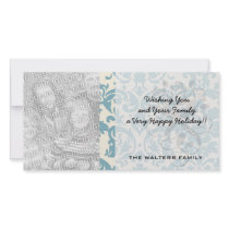 blue and cream damask flourish pattern photo card
