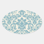 blue and cream damask flourish pattern oval sticker