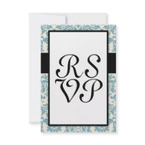 blue and ecru cream damask flourish pattern personalized invitation